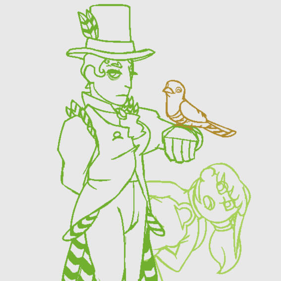 Digital fullbody sketch example. Includes two characters and one simple character- two humans, one bird. ~$60.