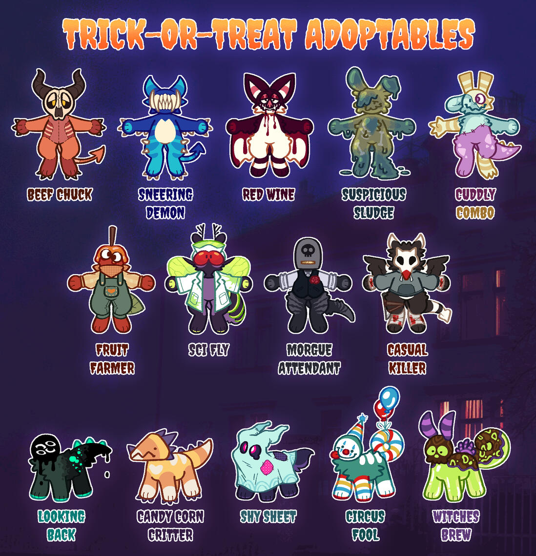 A sheet of adopts posted in October 2023 by cheet. Many characters pictured have been adopted already.